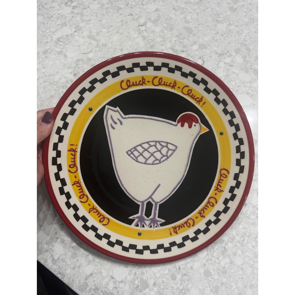 Becky Denny Chicken Dinner Platter Cluck Cluck Cluck Checkered Farmhouse 12in